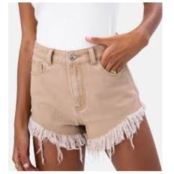 Adika Pants - Adika High Rise Frayed Mocha Distressed Destroyed Tan Button Fly Shorts Size XS
